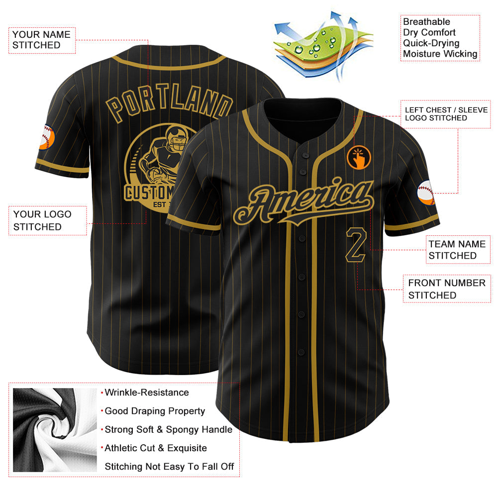 Custom Black Old Gold Pinstripe Old Gold Authentic Baseball Jersey view 3