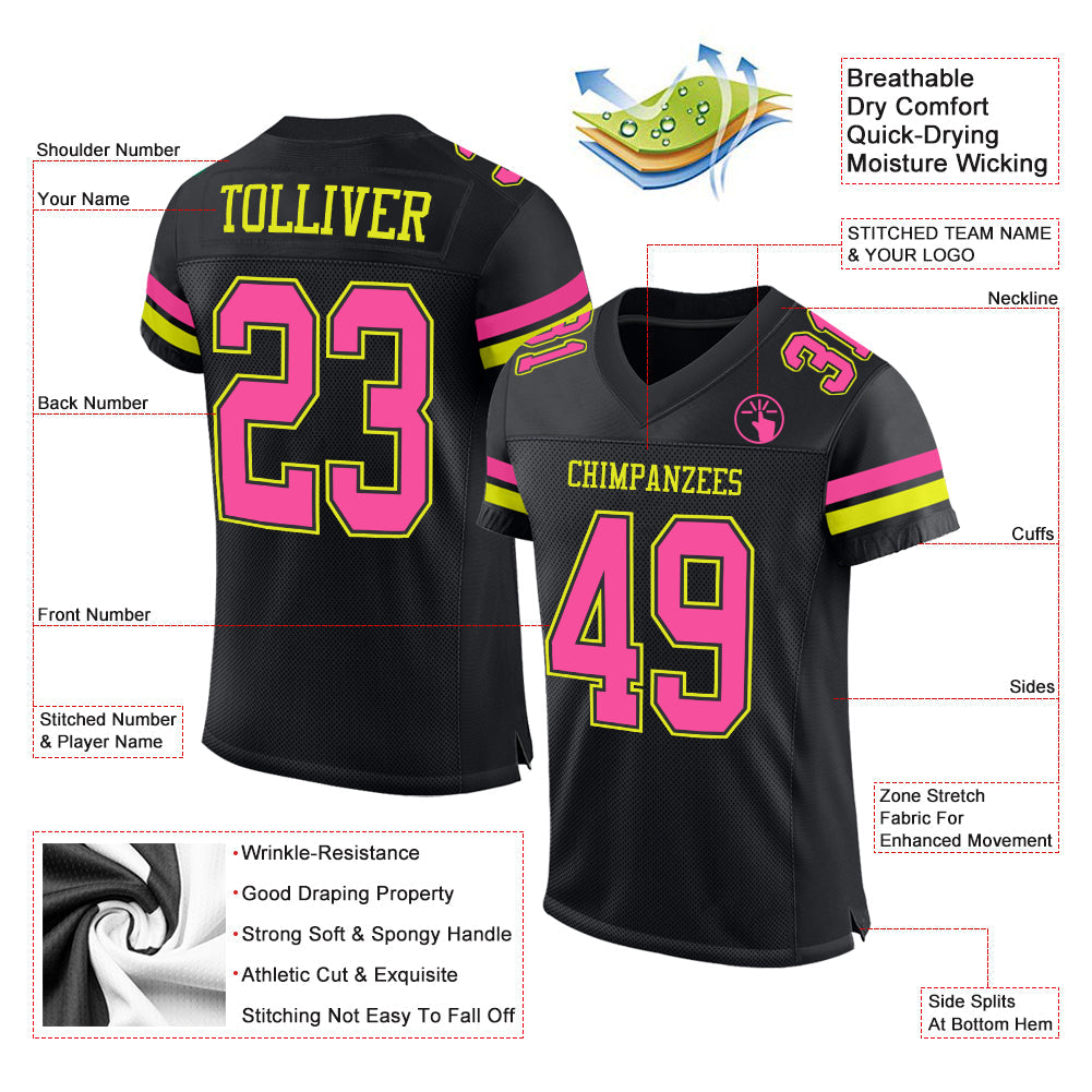 Custom Black Pink-Neon Yellow Mesh Authentic Football Jersey view 2