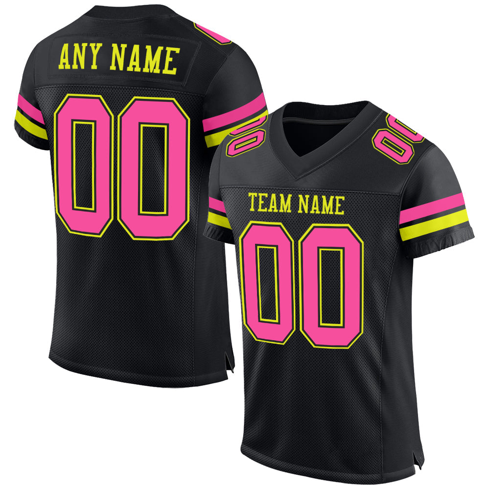 Custom Black Pink-Neon Yellow Mesh Authentic Football Jersey - Main View
