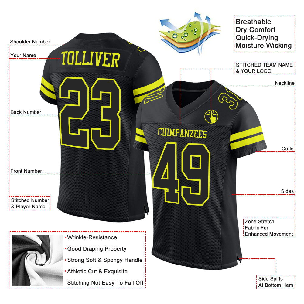 Custom Black Neon Yellow Mesh Authentic Football Jersey view 2