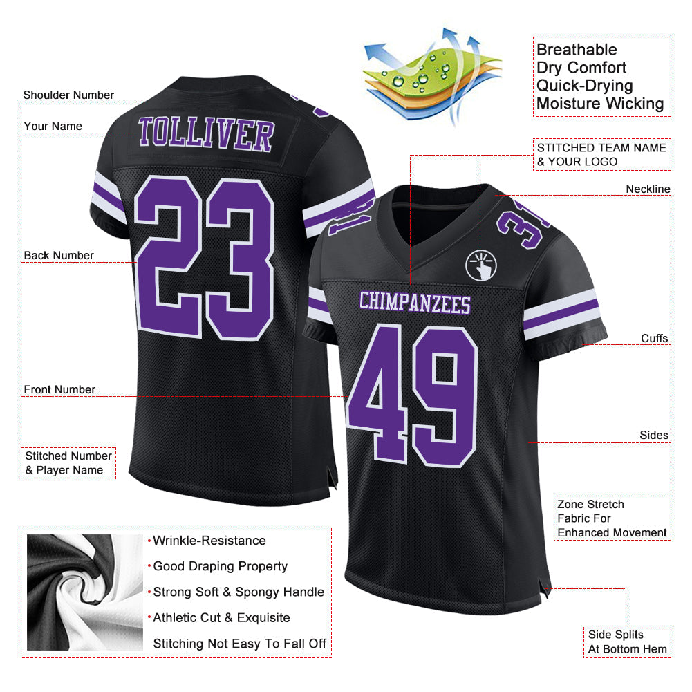 Custom Black Purple-White Mesh Authentic Football Jersey view 3