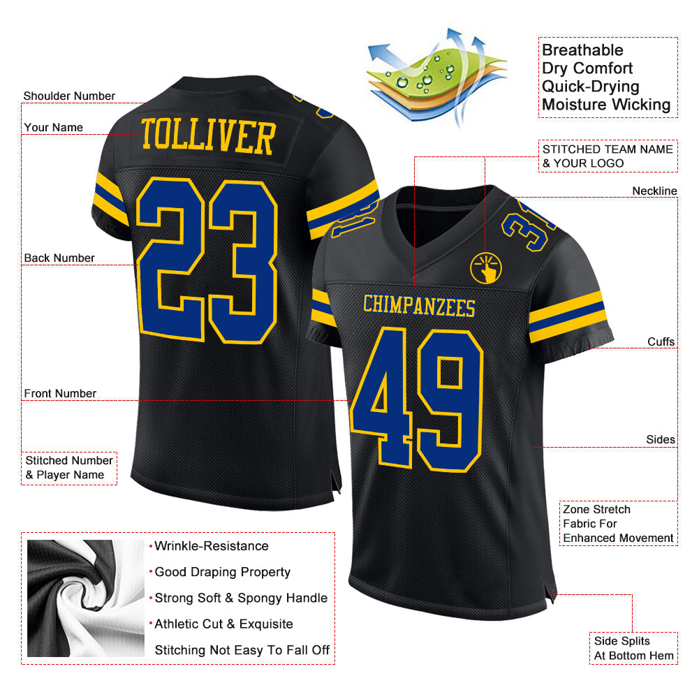 Custom Black Royal-Yellow Mesh Authentic Football Jersey view 2