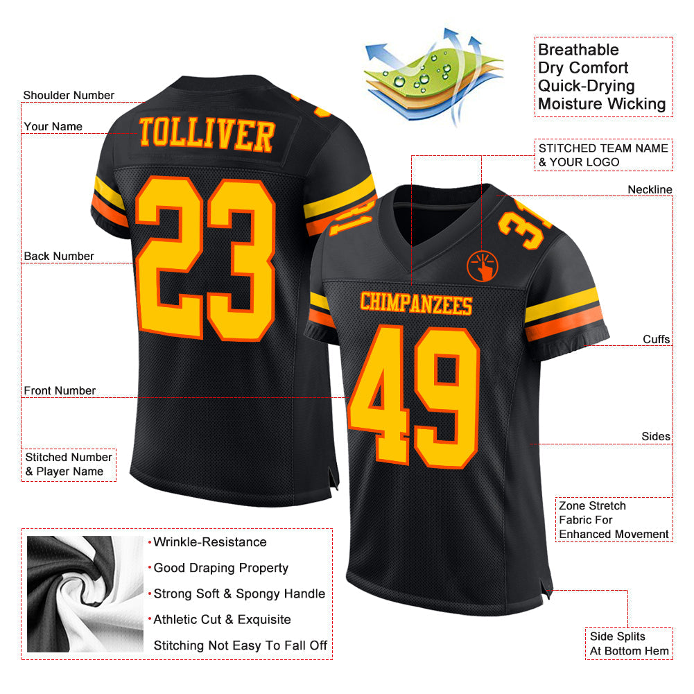 Custom Black Yellow-Orange Mesh Authentic Football Jersey view 2