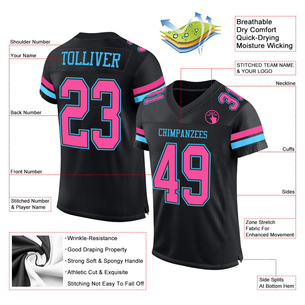 Custom Black Pink-Sky Blue Mesh Authentic Football Jersey view 2