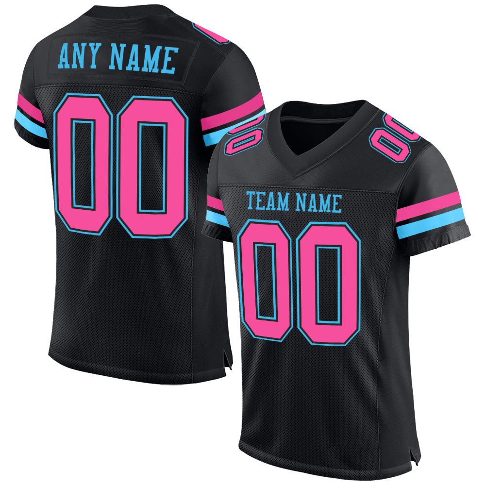 Custom Black Pink-Sky Blue Mesh Authentic Football Jersey - Main View