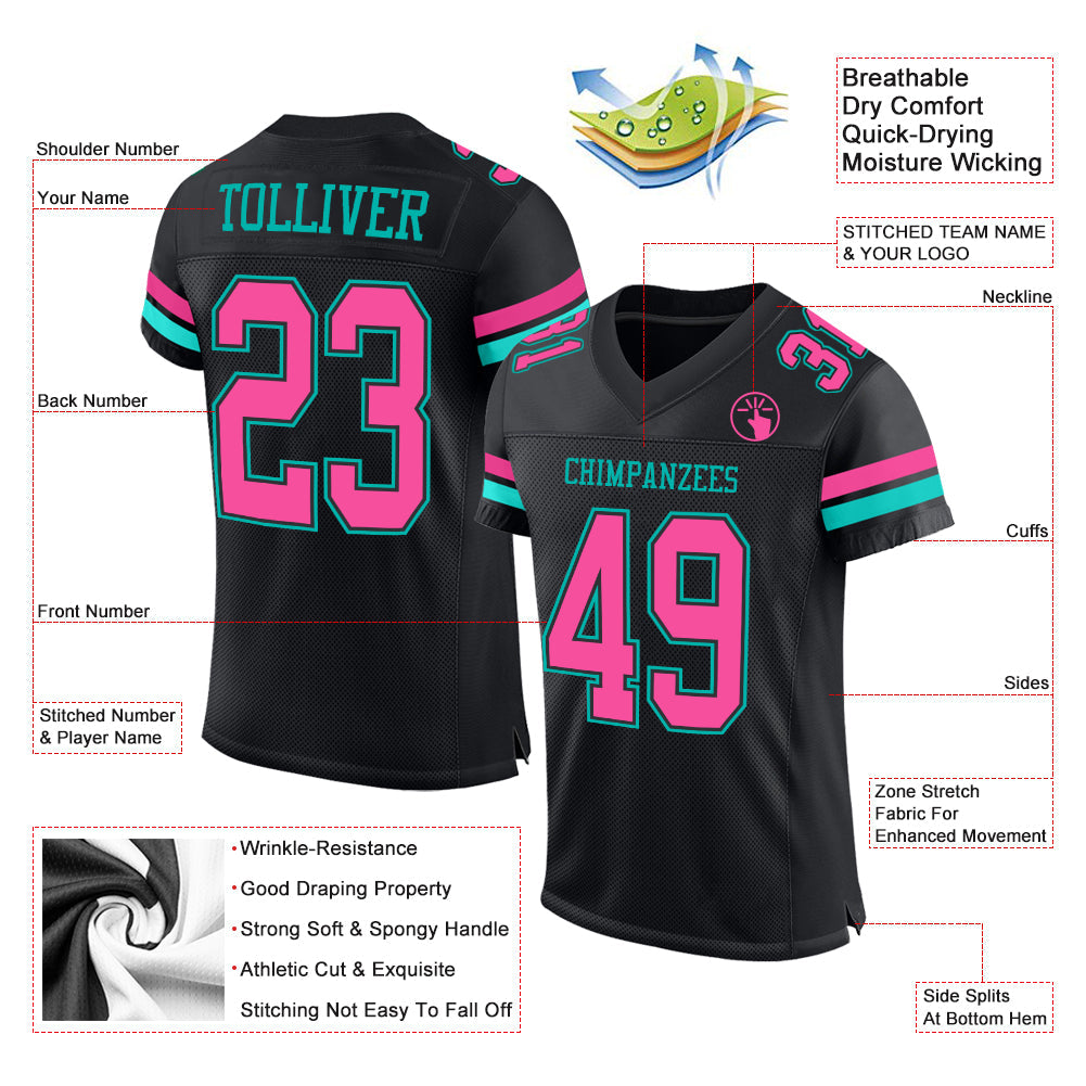 Custom Black Pink-Aqua Mesh Authentic Football Jersey view 2