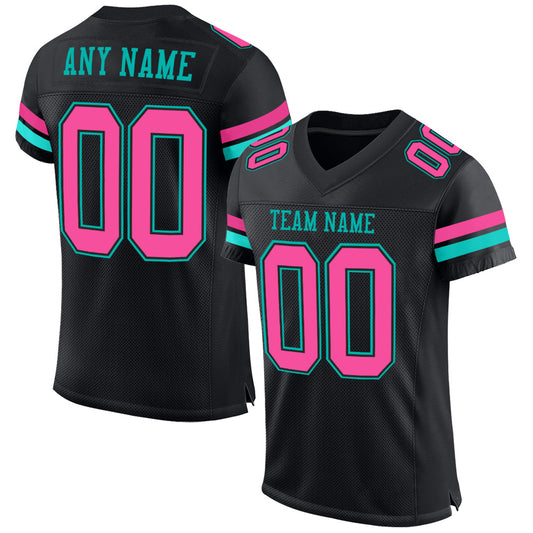 Custom Black Pink-Aqua Mesh Authentic Football Jersey - Main View