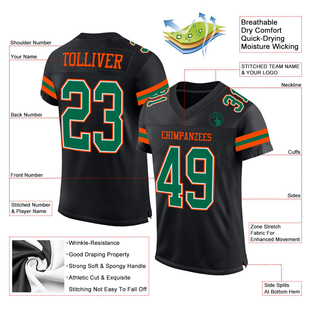 Custom Black Kelly Green-Orange Mesh Authentic Football Jersey view 2