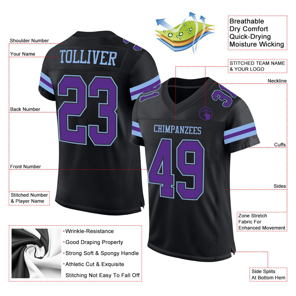 Custom Black Purple-Light Blue Mesh Authentic Football Jersey view 2