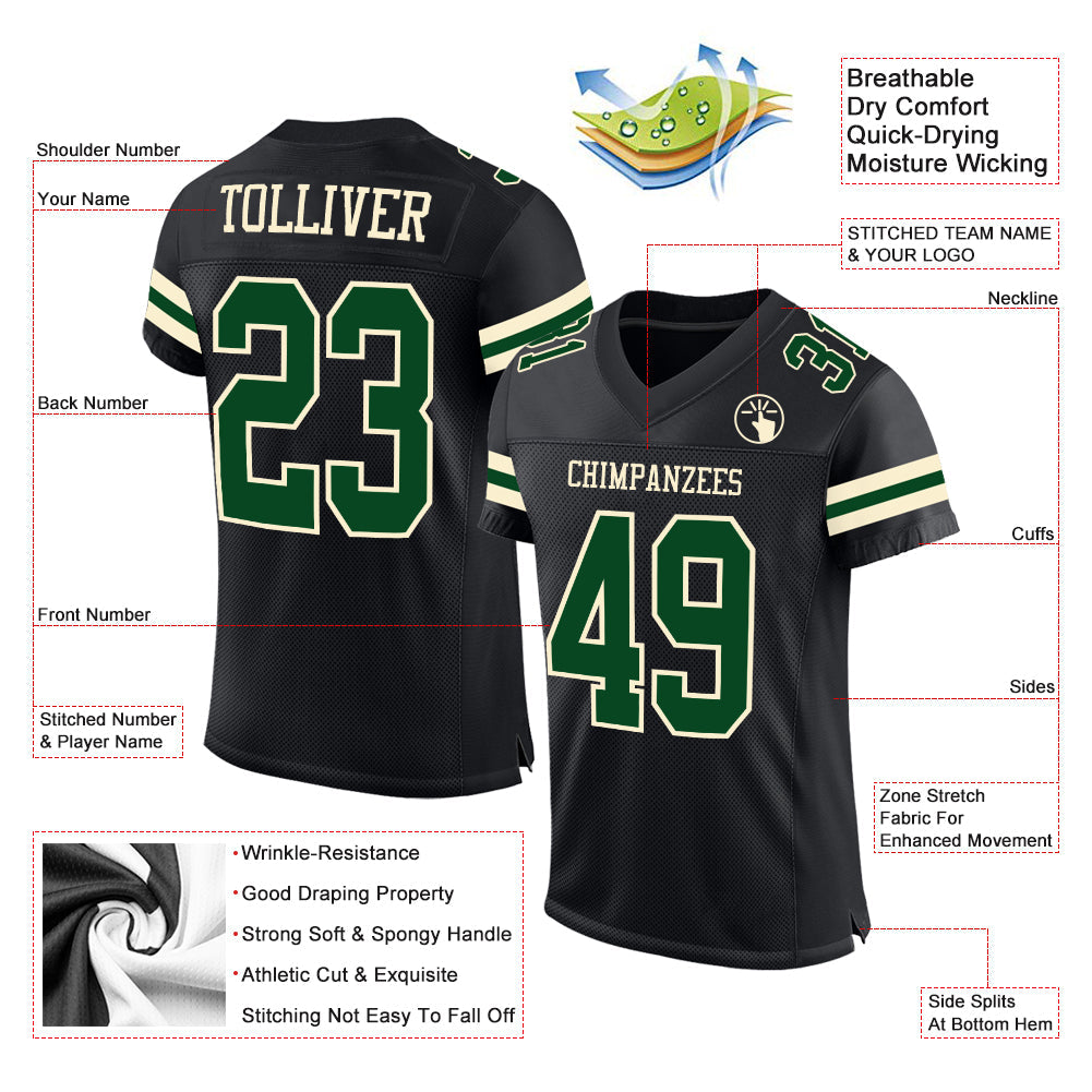 Custom Black Green-Cream Mesh Authentic Football Jersey view 2