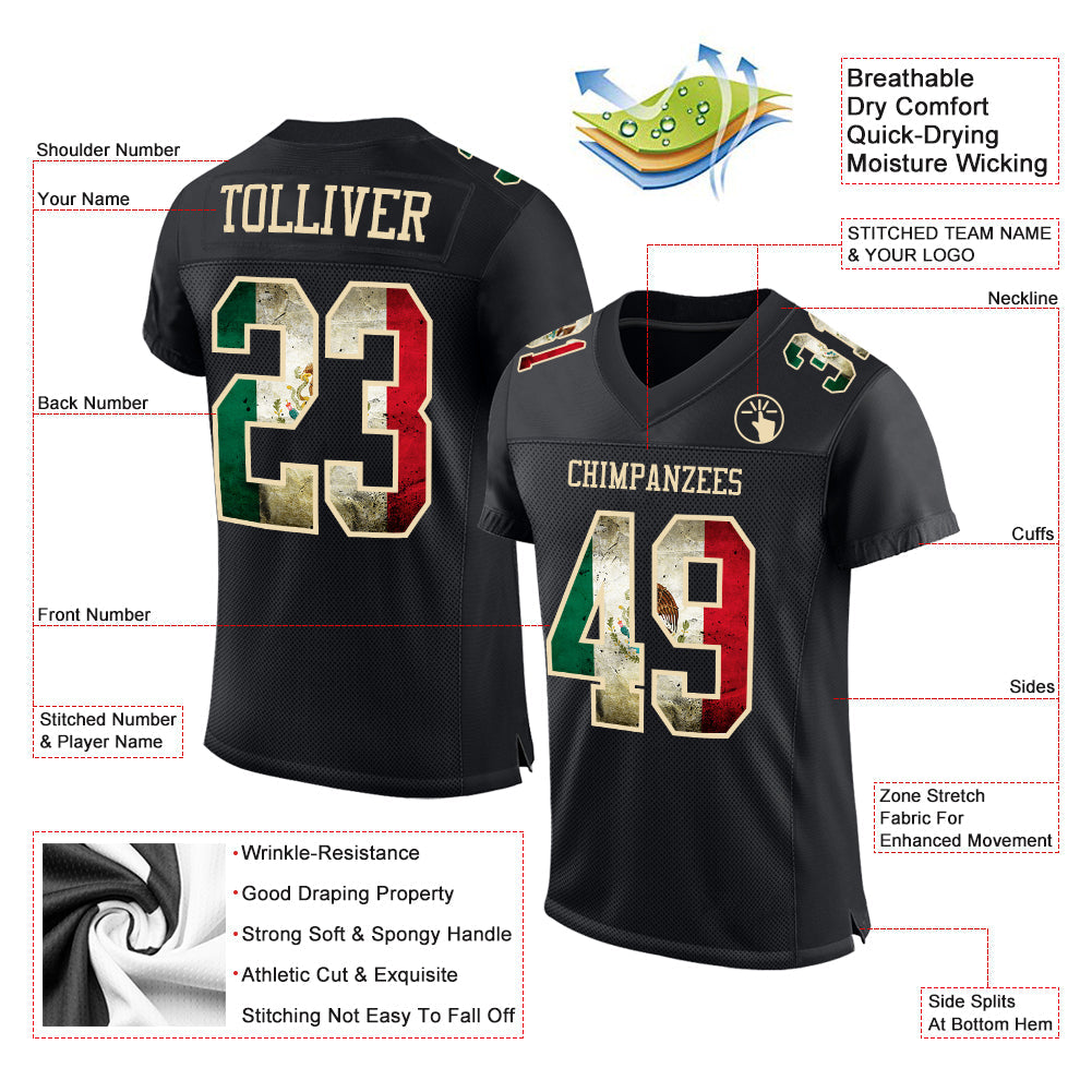 Custom Black Vintage Mexican Flag-City Cream Mesh Authentic Football Jersey view 2