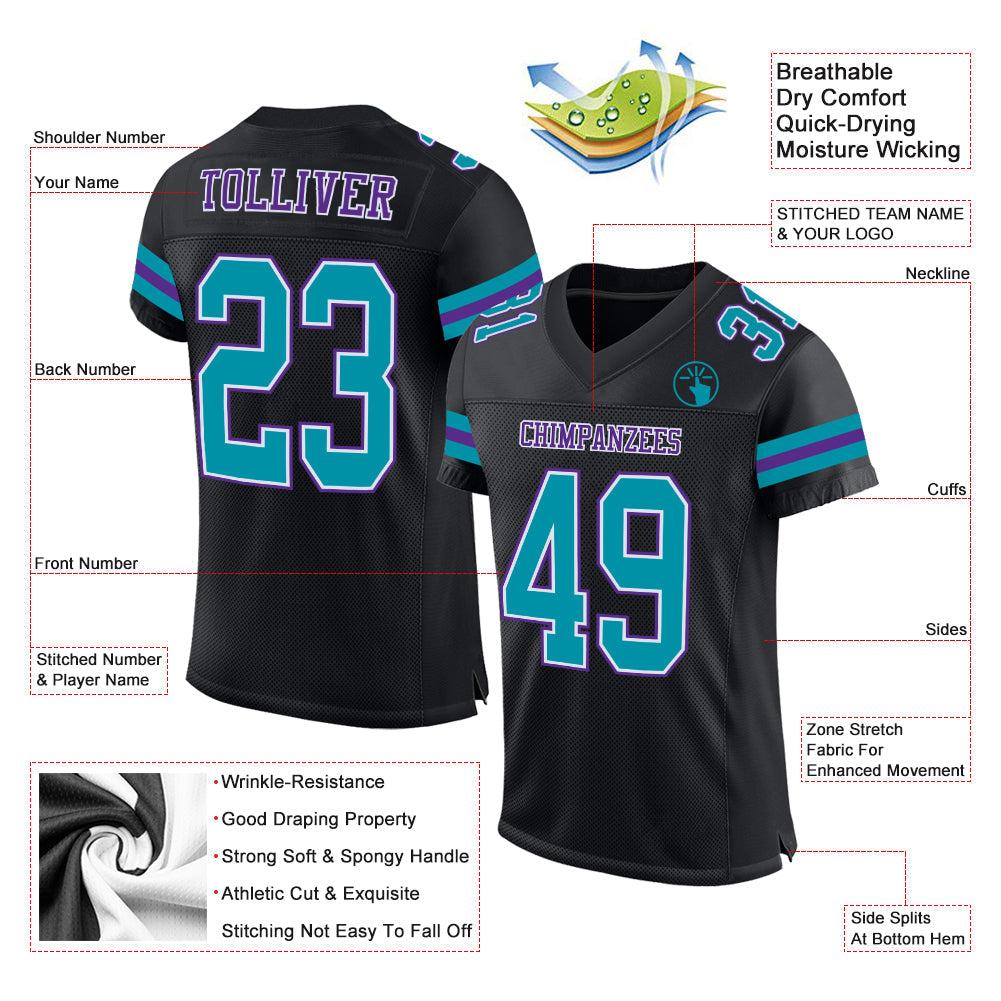 Custom Black Teal-Purple Mesh Authentic Football Jersey view 2