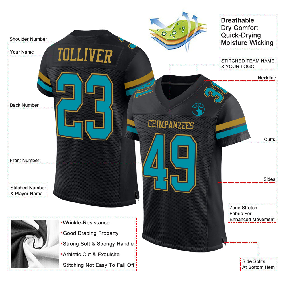 Custom Black Teal-Old Gold Mesh Authentic Football Jersey view 2