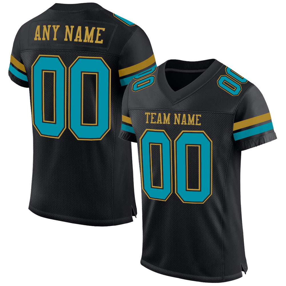 Custom Black Teal-Old Gold Mesh Authentic Football Jersey - Main View