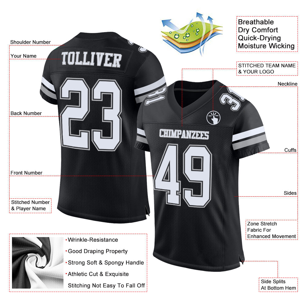 Custom Black White-Gray Mesh Authentic Football Jersey view 2