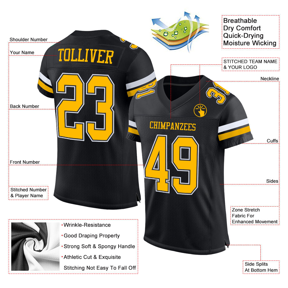 Custom Black Gold-White Mesh Authentic Football Jersey view 2