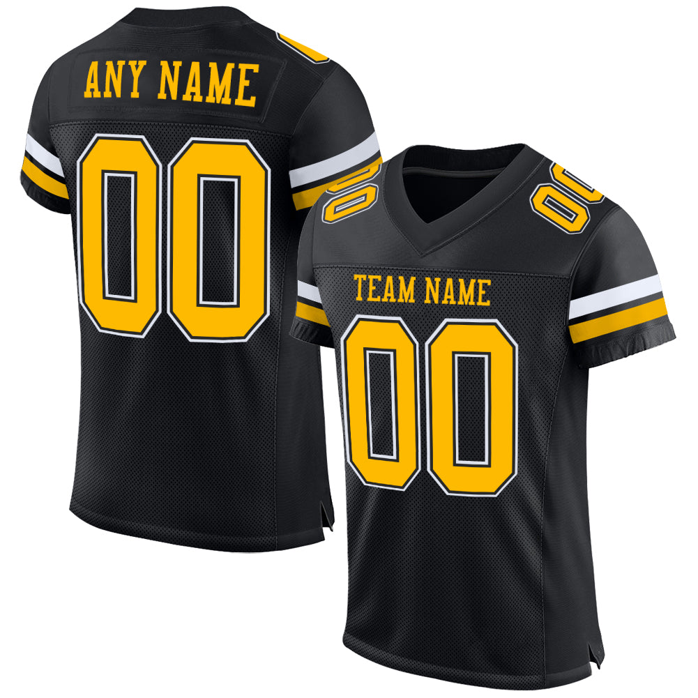 Custom Black Gold-White Mesh Authentic Football Jersey - Main View