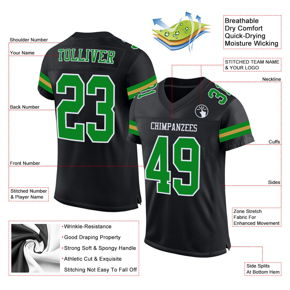 Custom Black Grass Green-Old Gold Mesh Authentic Football Jersey view 2