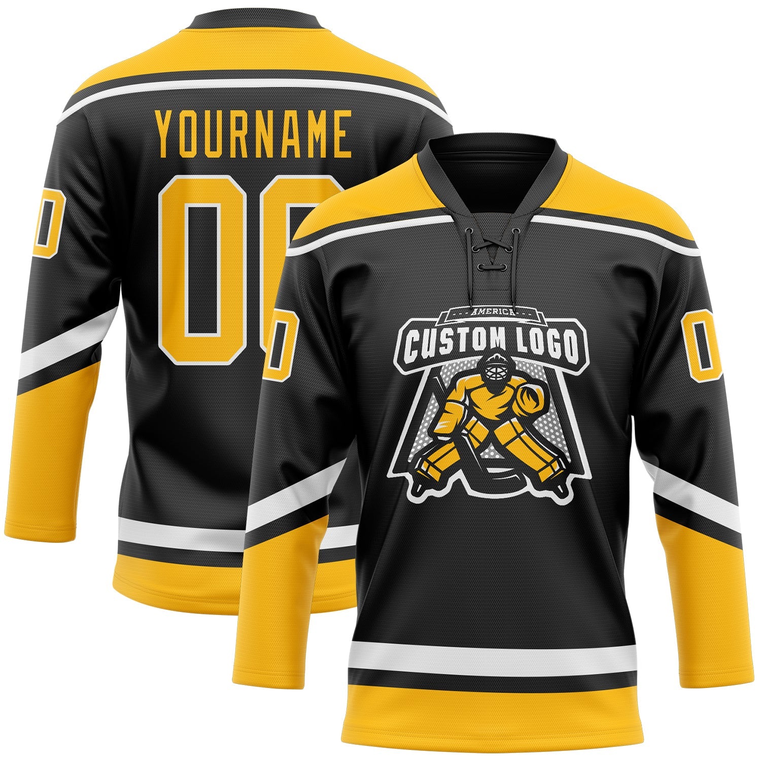 Custom Black Gold-White Hockey Lace Neck Jersey view 2