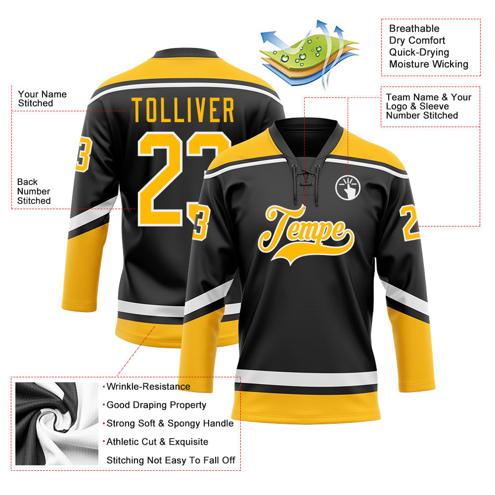 Custom Black Gold-White Hockey Lace Neck Jersey view 3