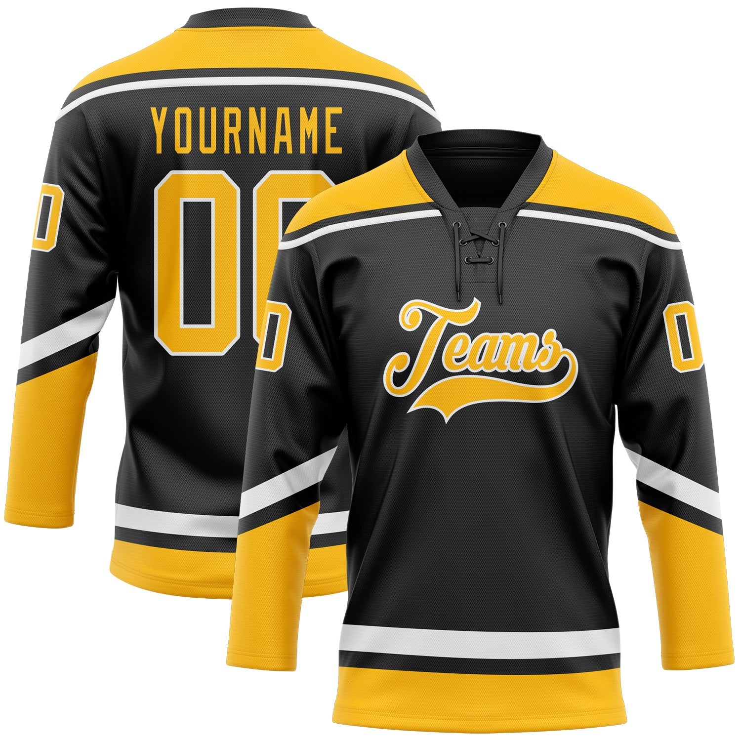 Custom Black Gold-White Hockey Lace Neck Jersey - Main View