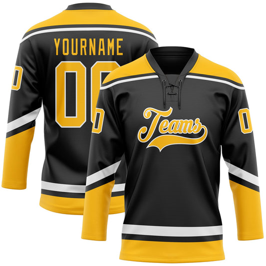 Custom Black Gold-White Hockey Lace Neck Jersey - Main View