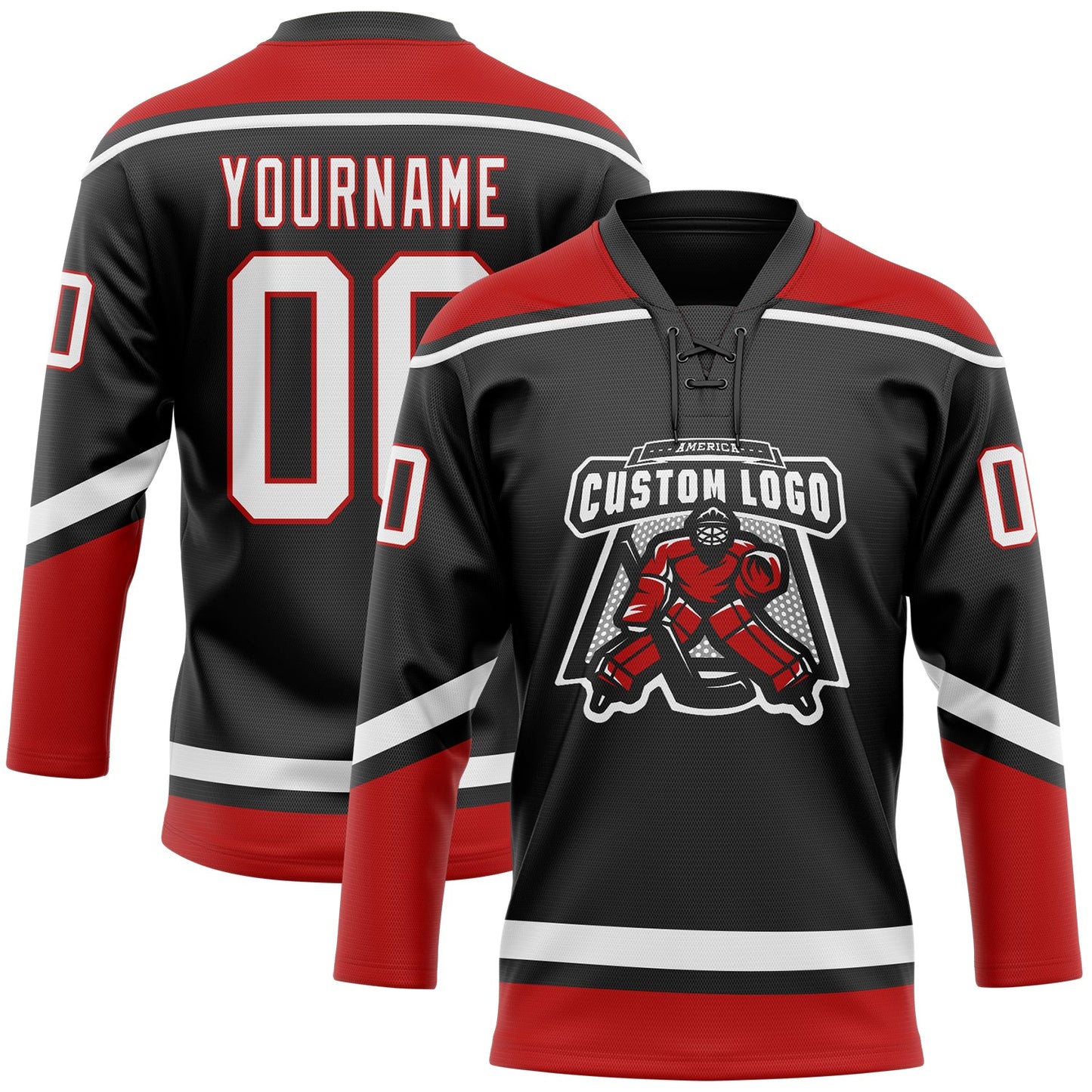 Custom Black White-Red Hockey Lace Neck Jersey view 2