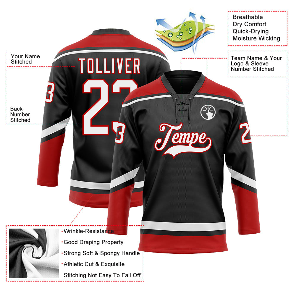 Custom Black White-Red Hockey Lace Neck Jersey view 3