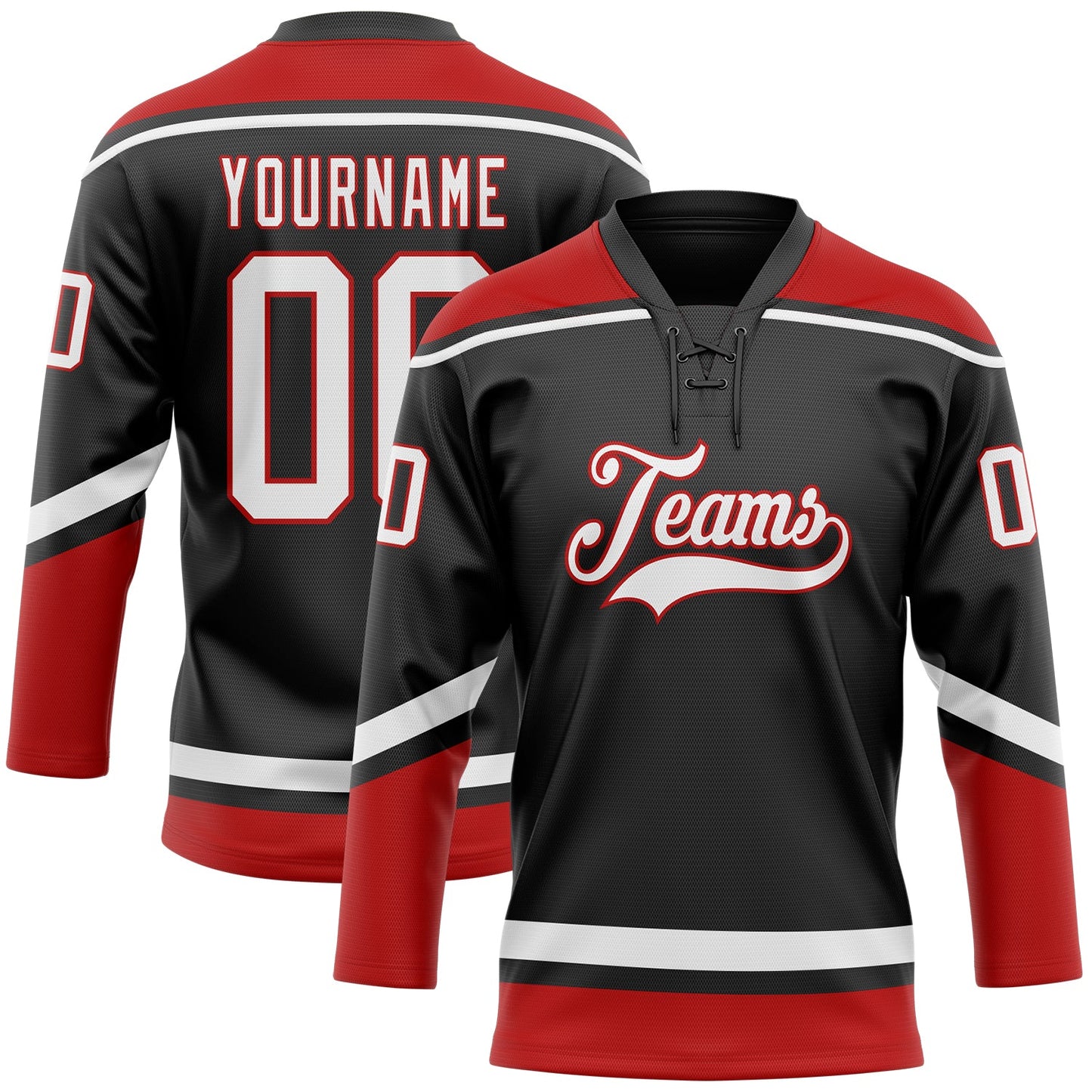 Custom Black White-Red Hockey Lace Neck Jersey - Main View