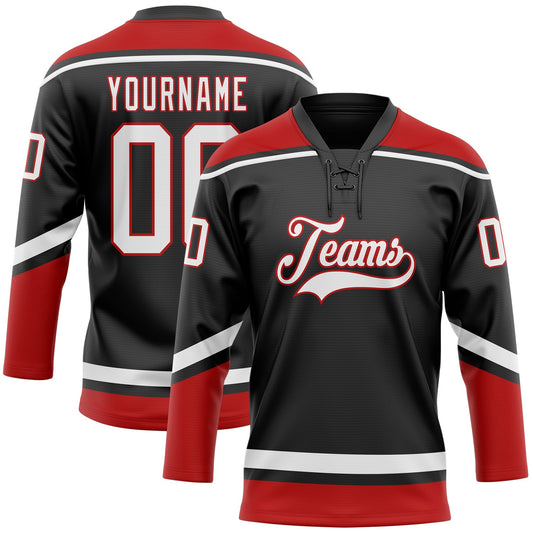Custom Black White-Red Hockey Lace Neck Jersey - Main View