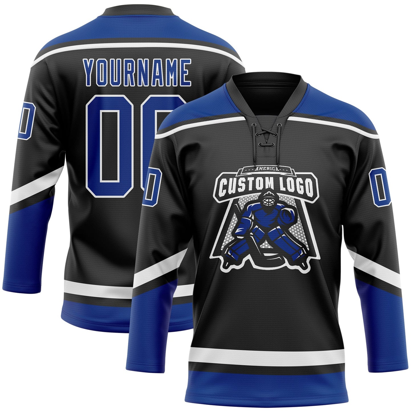 Custom Black Royal-White Hockey Lace Neck Jersey view 2