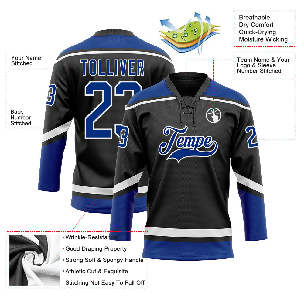 Custom Black Royal-White Hockey Lace Neck Jersey view 3