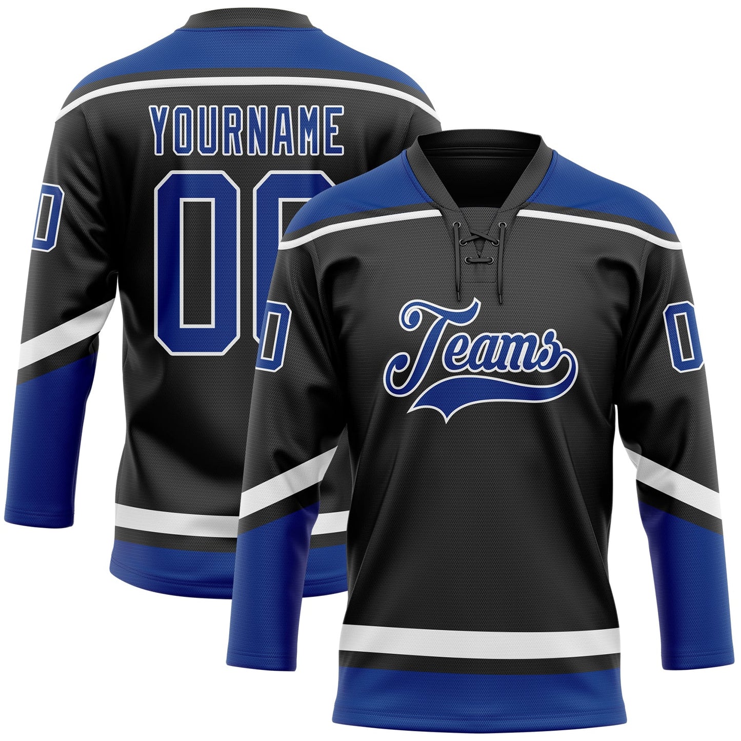 Custom Black Royal-White Hockey Lace Neck Jersey - Main View