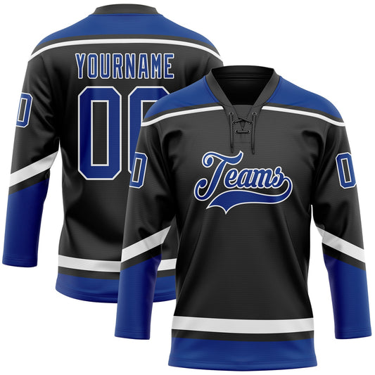 Custom Black Royal-White Hockey Lace Neck Jersey - Main View