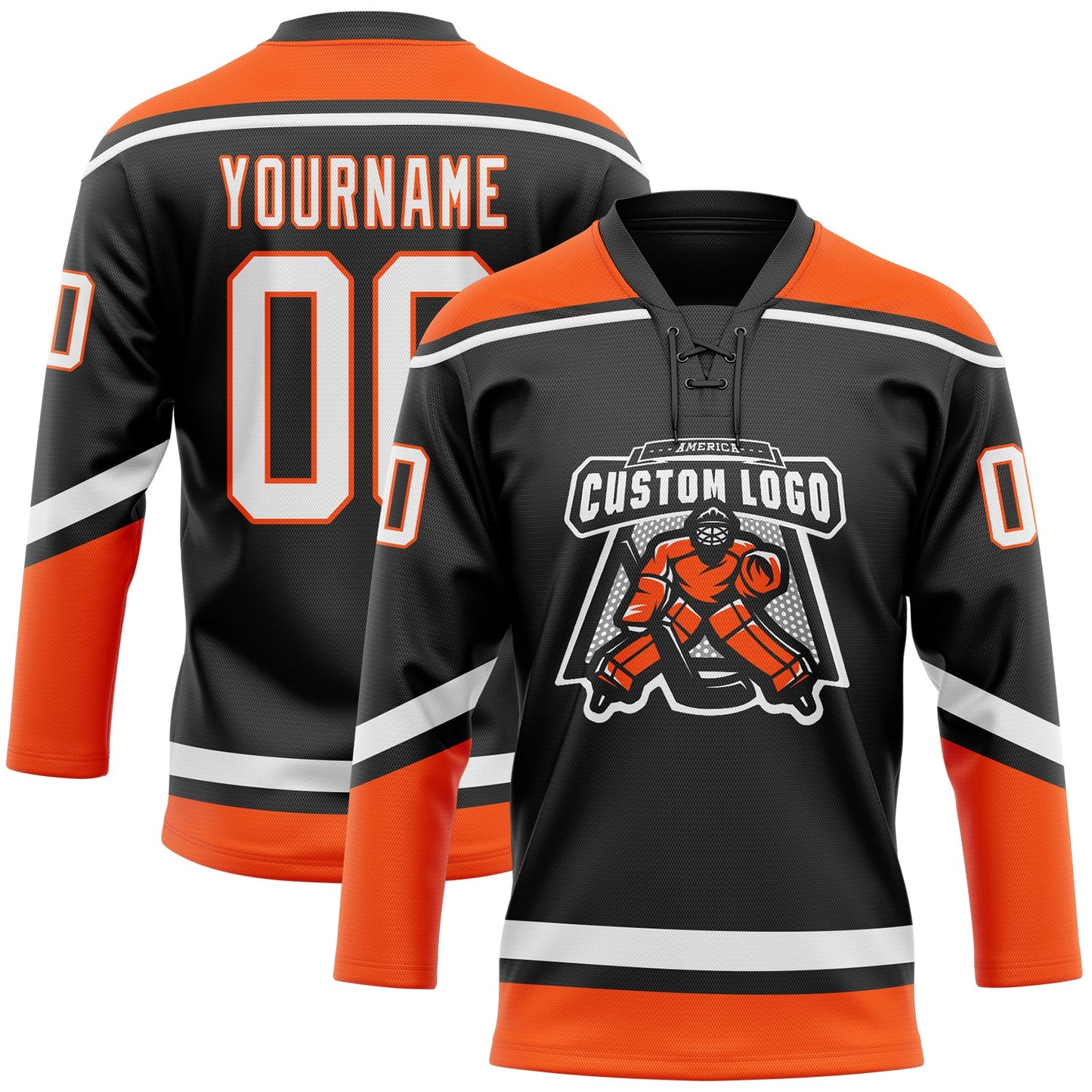 Custom Black White-Orange Hockey Lace Neck Jersey view 2