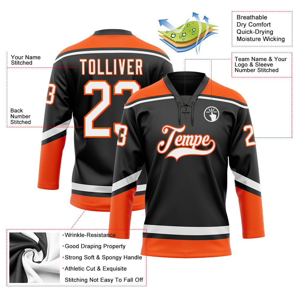 Custom Black White-Orange Hockey Lace Neck Jersey view 3