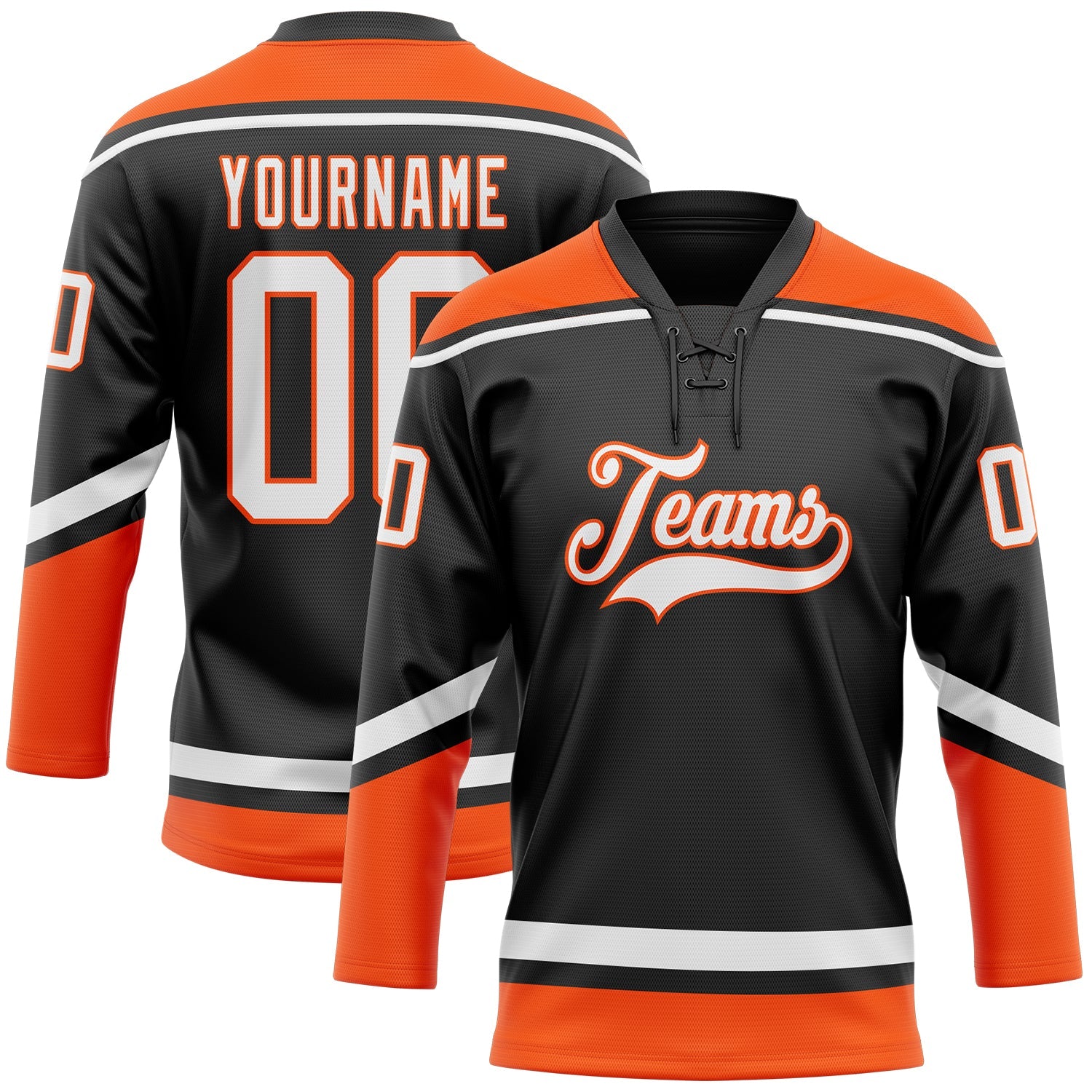 Custom Black White-Orange Hockey Lace Neck Jersey - Main View