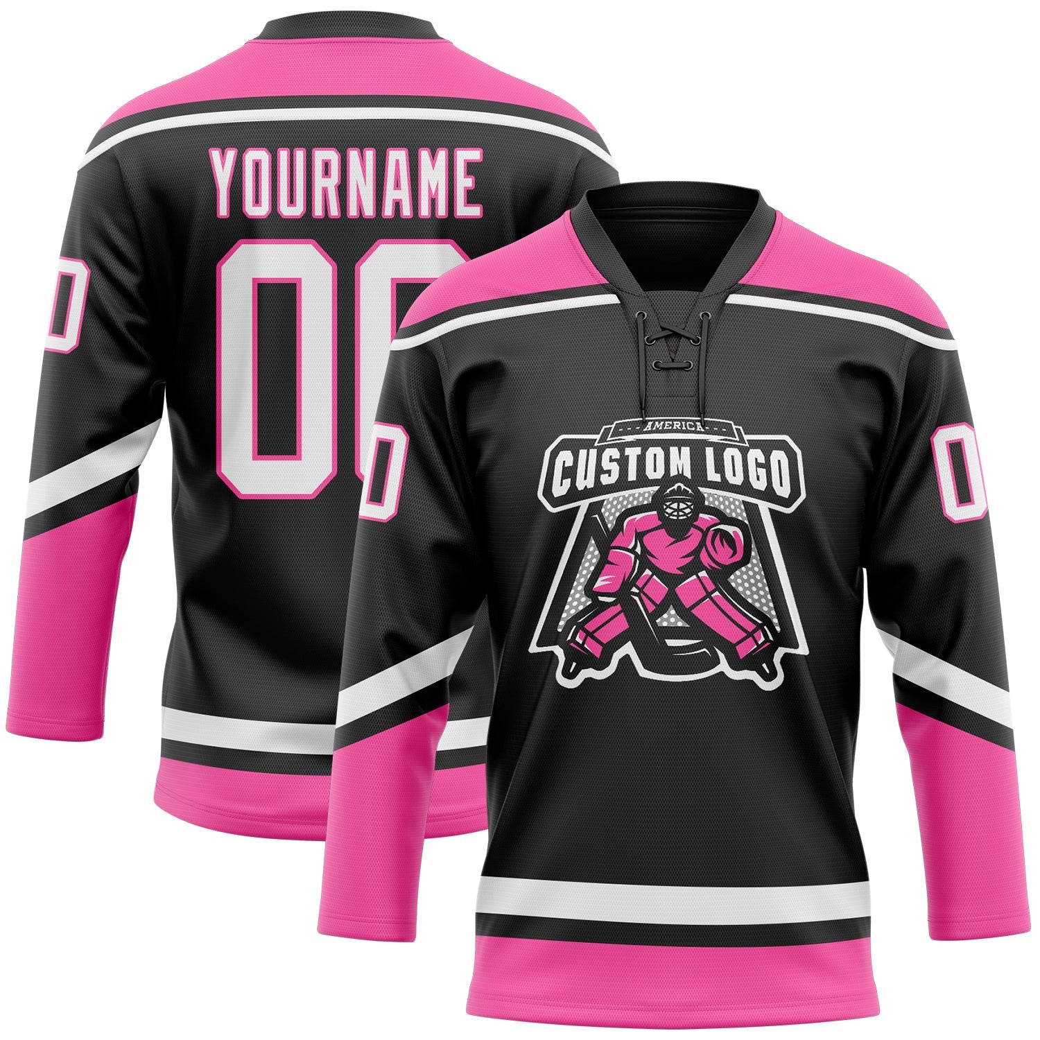 Custom Black White-Pink Hockey Lace Neck Jersey view 2