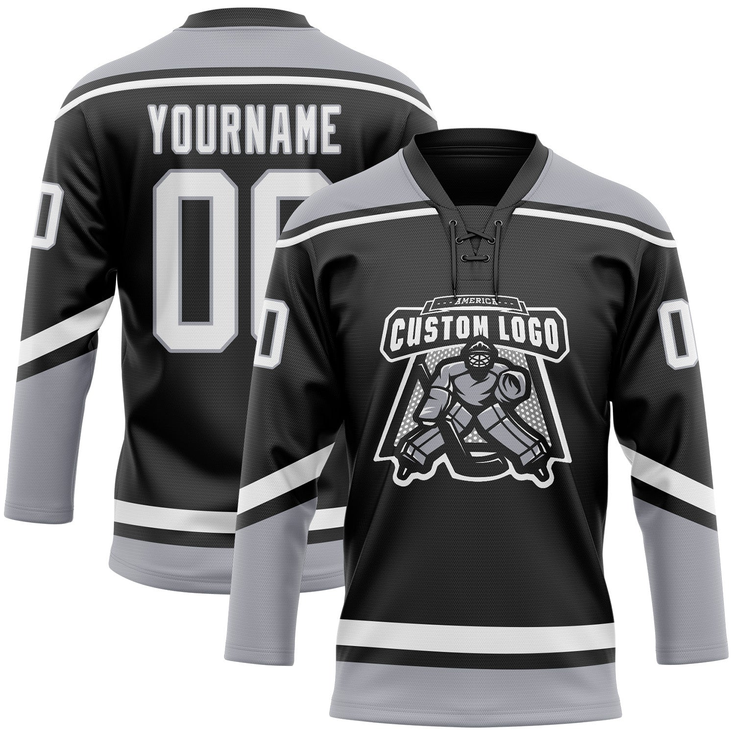 Custom Black White-Gray Hockey Lace Neck Jersey view 3