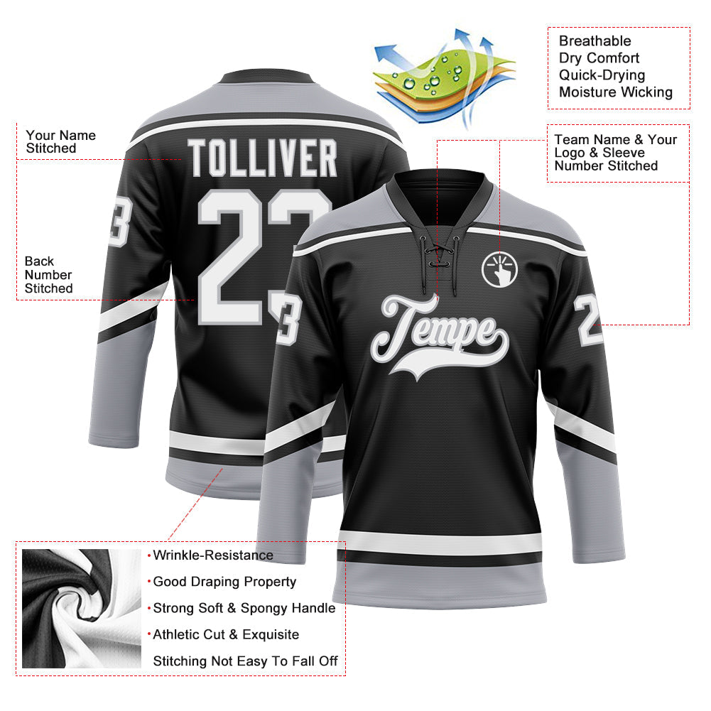Custom Black White-Gray Hockey Lace Neck Jersey view 4