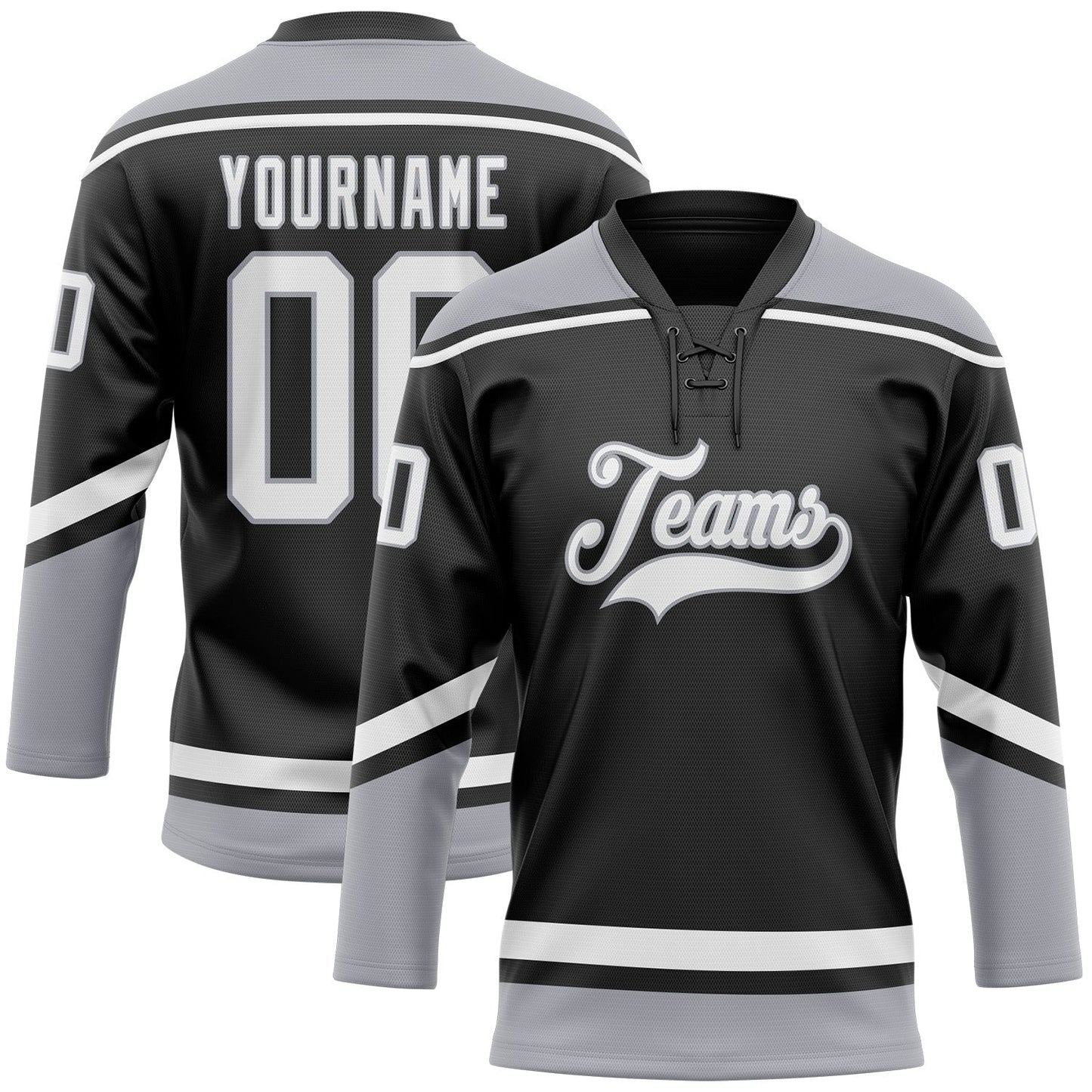 Custom Black White-Gray Hockey Lace Neck Jersey - Main View