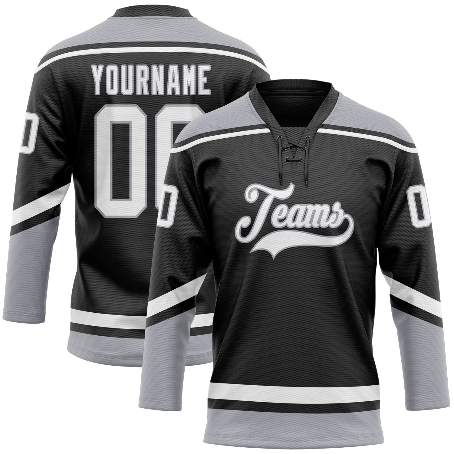 Custom Black White-Gray Hockey Lace Neck Jersey - Main View
