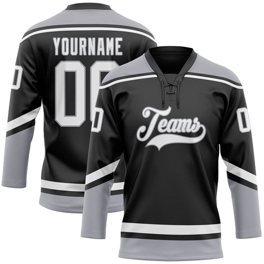 Custom Black White-Gray Hockey Lace Neck Jersey - Main View