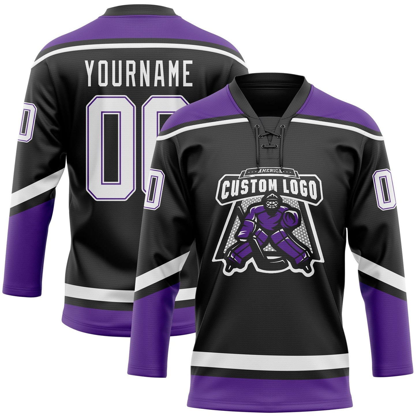 Custom Black White-Purple Hockey Lace Neck Jersey view 2