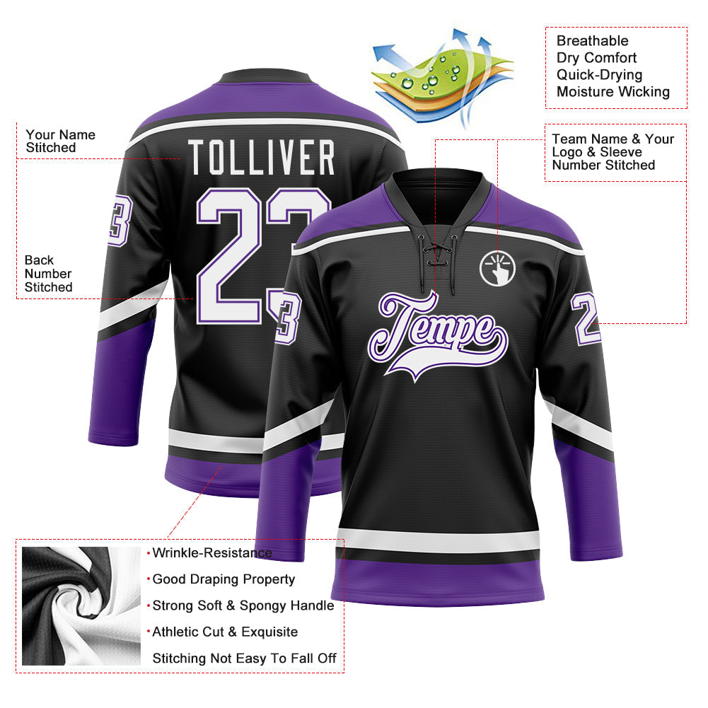 Custom Black White-Purple Hockey Lace Neck Jersey view 3