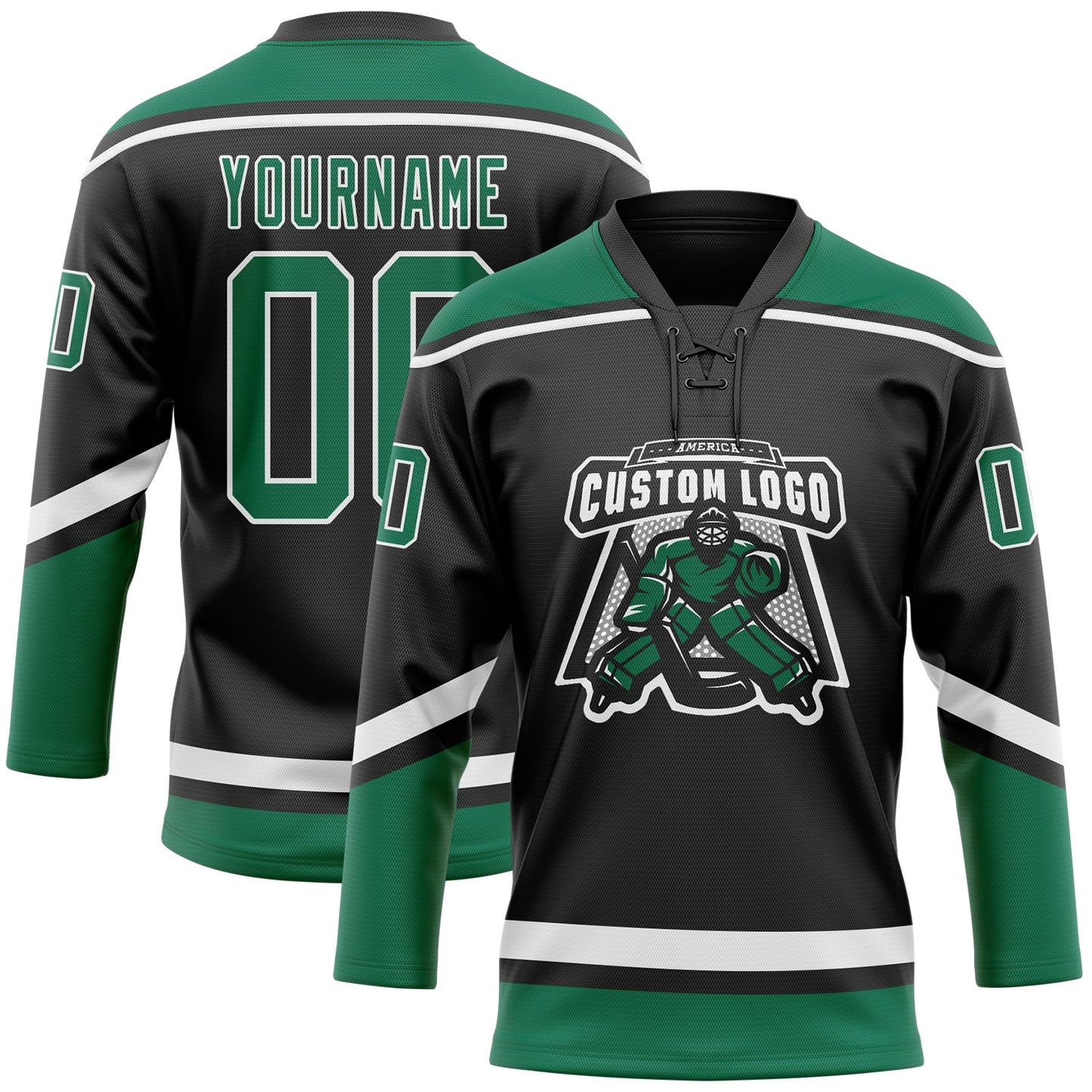 Custom Black White-Kelly Green Hockey Lace Neck Jersey view 2
