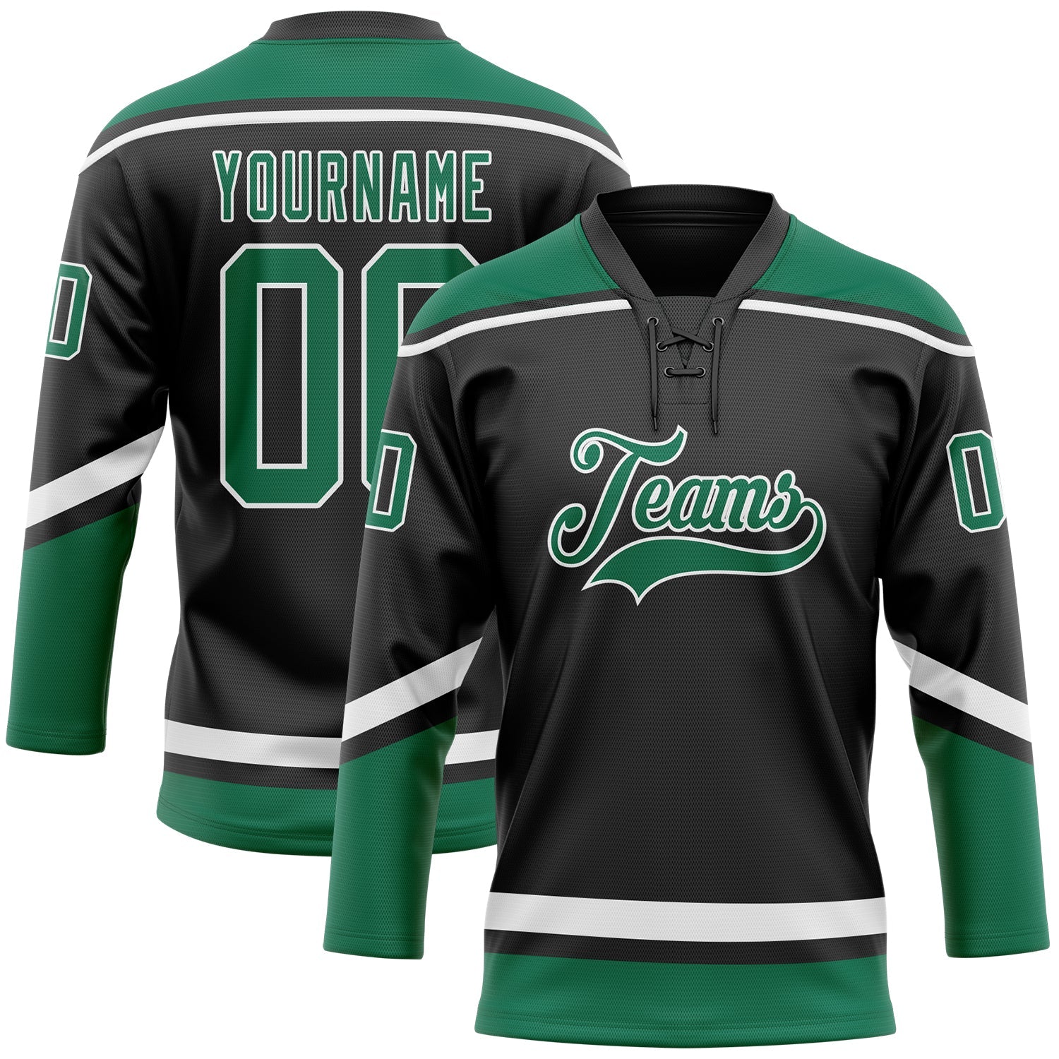 Custom Black White-Kelly Green Hockey Lace Neck Jersey - Main View