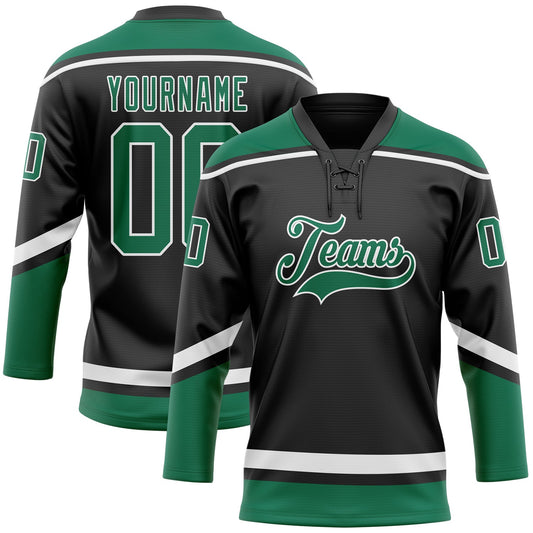 Custom Black White-Kelly Green Hockey Lace Neck Jersey - Main View