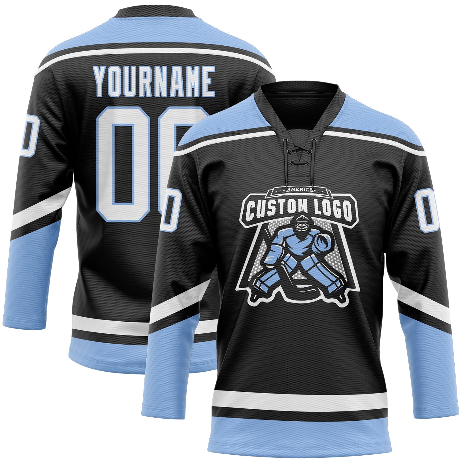 Custom Black White-Light Blue Hockey Lace Neck Jersey view 2
