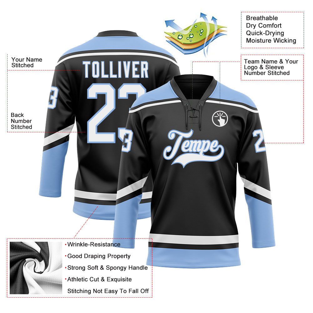 Custom Black White-Light Blue Hockey Lace Neck Jersey view 3